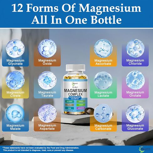 كبسولات هلامية من مركب المغنيسيوم - مكمل مغنيسيوم 12 في 1 مع الجليسينات والسيترات والمالات والأكسيد والتورات - مركب مغنيسيوم عالي الامتصاص للنساء والرجال لدعم العضلات والقلب والنوم والعظام والأعصاب in Kuwait