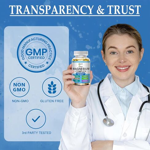 كبسولات هلامية من مركب المغنيسيوم - مكمل مغنيسيوم 12 في 1 مع الجليسينات والسيترات والمالات والأكسيد والتورات - مركب مغنيسيوم عالي الامتصاص للنساء والرجال لدعم العضلات والقلب والنوم والعظام والأعصاب in Kuwait