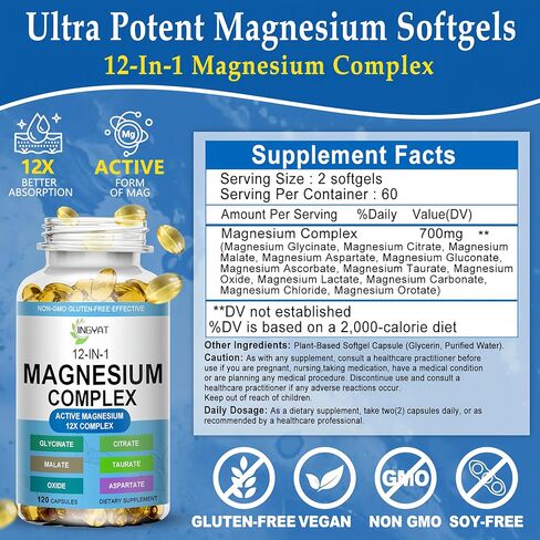 كبسولات هلامية من مركب المغنيسيوم - مكمل مغنيسيوم 12 في 1 مع الجليسينات والسيترات والمالات والأكسيد والتورات - مركب مغنيسيوم عالي الامتصاص للنساء والرجال لدعم العضلات والقلب والنوم والعظام والأعصاب in Kuwait