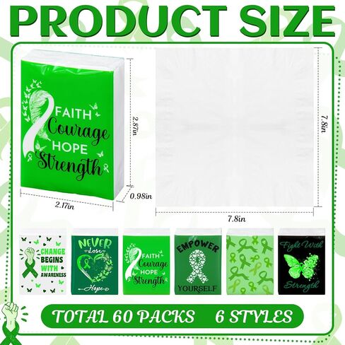 Honoson 60 Pack Mental Health Awareness Tissues Bulk Green Ribbon Mental Health Awareness Month Gifts Favor Travel Pocket Tissue for Charity Event Supplies Volunteer Activities in Saudi Arabia