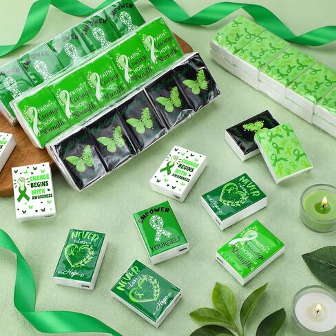 Honoson 60 Pack Mental Health Awareness Tissues Bulk Green Ribbon Mental Health Awareness Month Gifts Favor Travel Pocket Tissue for Charity Event Supplies Volunteer Activities in Saudi Arabia