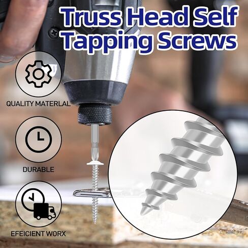 #8 x 1-1/4" Truss Head Fast Self Tapping Screws, Alloy Steel Wood Screws, White Head, Full Thread, Screwdriver Bit Included, 100 PCS in Kuwait