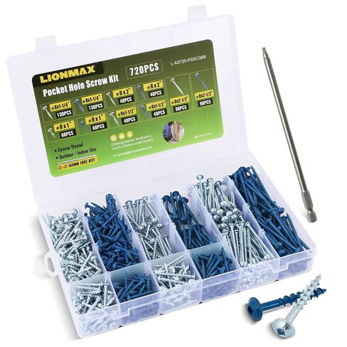 LIONMAX Pocket Hole Screws Assortment Kit, 720 PCS in 5 Sizes, 8 x 1, 1-1/4", 1-1/2", 2", 2-1/2", Anti-Rust Coated Pocket Screws for Exterior& Interior, Coarse Thread, 150mm Square Drive Bit Included in Saudi Arabia