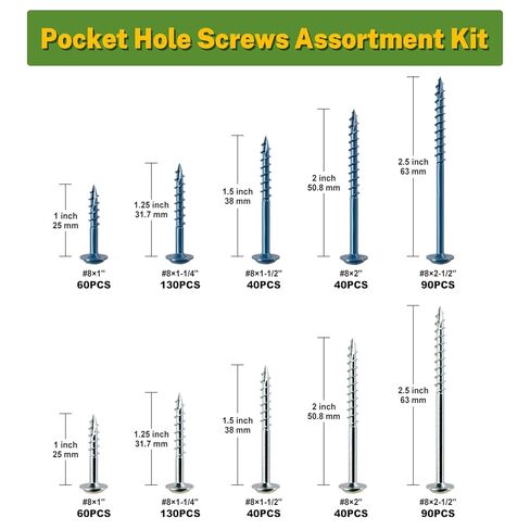 LIONMAX Pocket Hole Screws Assortment Kit, 720 PCS in 5 Sizes, 8 x 1, 1-1/4", 1-1/2", 2", 2-1/2", Anti-Rust Coated Pocket Screws for Exterior& Interior, Coarse Thread, 150mm Square Drive Bit Included in Saudi Arabia