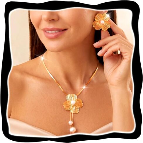 Brishow Gold Flower Necklace and Earring Set Wedding Jewelry Sets Large Floral Choker Necklaces for Women in Kuwait