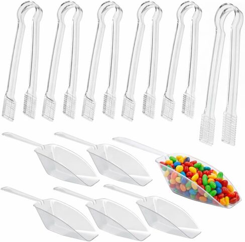 12 Combo Pack, 6 Clear Small Serving Tongs And 6 Clear Plastic Scoops For Candy Buffet Containers Set - Premium Mini Plastic Tongs For Ice, Candies And Candy Scoops For Candy Buffet in Kuwait