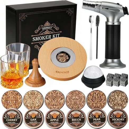 Whiskey Smoker Kit with Torch - 6 Flavors Wood Chips, 2 Glasses, Cocktail Smoker Infuser Kit, Old Fashioned Drink Smoker Kit, Birthday Valentine's Day Bourbon Whiskey Gifts for Men, Dad(No Butane) in Saudi Arabia