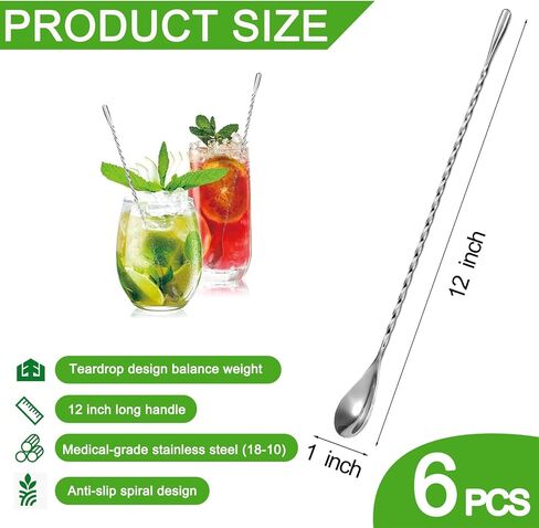 ABK 6PCS 12 Inch Bar Spoon，18/10 Stainless Steel Spiral Pattern Cocktail Stirrers Spoons ，Long Handle Cocktail Mixing Stirrers in Kuwait