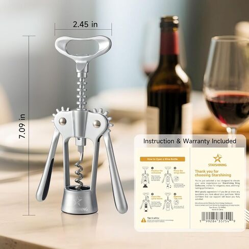 Wine Opener,Heavy-Duty Zinc Alloy Wing Corkscrew Wine Bottle Opener with Sharp Spiral Screw,Round Handles,Matte Silver in Saudi Arabia