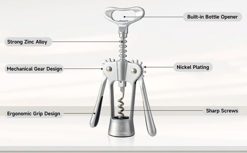 Wine Opener,Heavy-Duty Zinc Alloy Wing Corkscrew Wine Bottle Opener with Sharp Spiral Screw,Round Handles,Matte Silver in Saudi Arabia