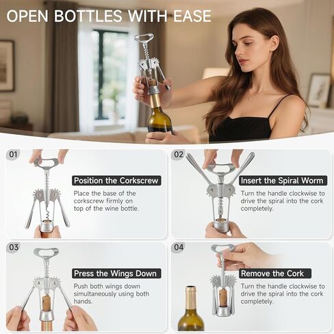 Wine Opener,Heavy-Duty Zinc Alloy Wing Corkscrew Wine Bottle Opener with Sharp Spiral Screw,Round Handles,Matte Silver in Saudi Arabia