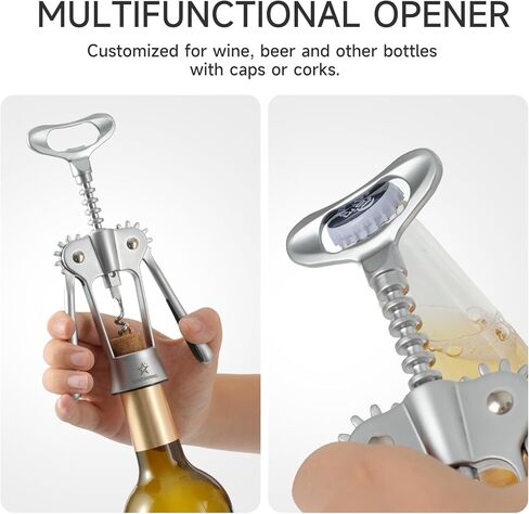 Wine Opener,Heavy-Duty Zinc Alloy Wing Corkscrew Wine Bottle Opener with Sharp Spiral Screw,Round Handles,Matte Silver in Saudi Arabia