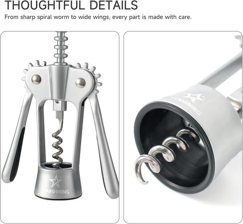 Wine Opener,Heavy-Duty Zinc Alloy Wing Corkscrew Wine Bottle Opener with Sharp Spiral Screw,Round Handles,Matte Silver in Saudi Arabia