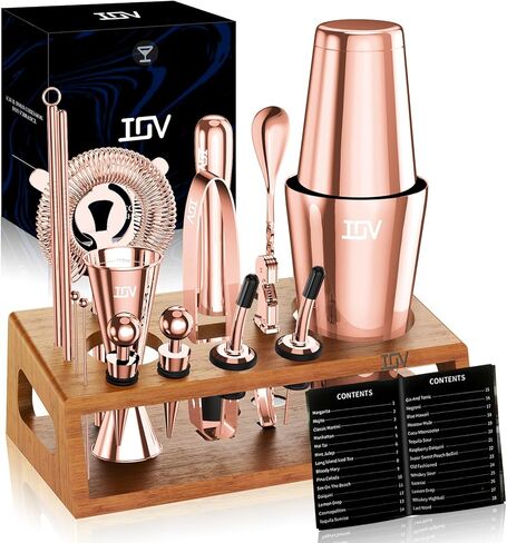 IOV Mixology Bartender Kit Bar Set with Stand | 17-Piece Cocktail Shaker Set | 28oz Boston Shaker Drink Mixer Set with All Essential Accessory Tools | Fun Housewarming Gift (Silver) in Saudi Arabia