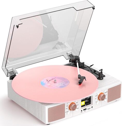 Vinyl Record Player with Built-in Speakers, Vintage Wood Bluetooth 3-Speed Turntable with USB Music Playback, LCD Color Display, Clock, RCA Ouput, AUX Input, White & Rose Gold in Kuwait