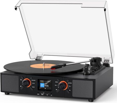 Vinyl Record Player with Built-in Speakers, Vintage Wood Bluetooth 3-Speed Turntable with USB Music Playback, LCD Color Display, Clock, RCA Ouput, AUX Input, White & Rose Gold in Kuwait