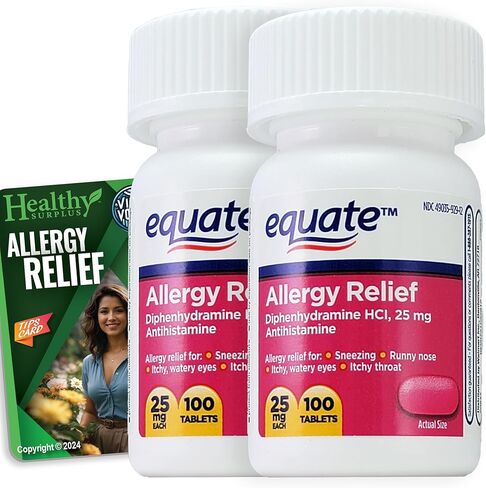 Healthy Surplus® Vital Volumes Tips Card & Equate Allergy Relief Diphenhydramine HCL, 25 mg 100 Tablets - 2 Pack -Bundle in Saudi Arabia