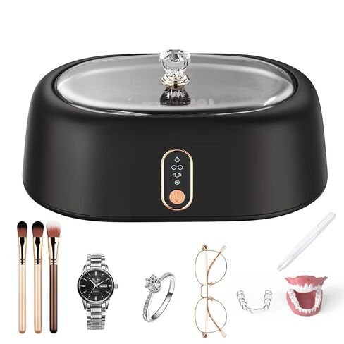 منظف ​​المجوهرات بالموجات فوق الصوتية، آلة تنظيف احترافية 45 كيلو هرتز للخواتم والنظارات والقلائد وحزام الساعة وأطقم الأسنان، 4 أوضاع للمؤقت، 17 أونصة (500 مل)، خزان مياه من الفولاذ المقاوم للصدأ 304 - أسود in Kuwait