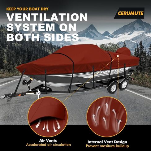 Boat Cover, Heavy Duty 1200D Waterproof Boat Covers 17-19ft with Motor Cover and Windproof Adjustable Metal Buckle Fits Bass,V-Hull,Tri-Hull,Runabout Boat,Burgundy in Kuwait