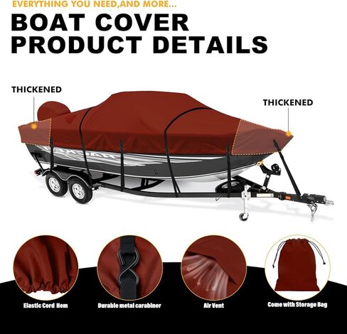 Boat Cover, Heavy Duty 1200D Waterproof Boat Covers 17-19ft with Motor Cover and Windproof Adjustable Metal Buckle Fits Bass,V-Hull,Tri-Hull,Runabout Boat,Burgundy in Kuwait