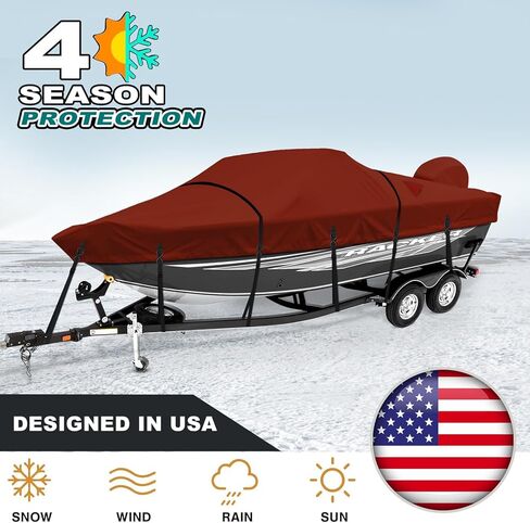 Boat Cover, Heavy Duty 1200D Waterproof Boat Covers 17-19ft with Motor Cover and Windproof Adjustable Metal Buckle Fits Bass,V-Hull,Tri-Hull,Runabout Boat,Burgundy in Kuwait