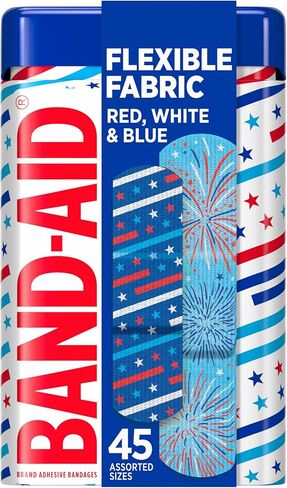 BAND-AID Brand Flexible Fabric Adhesive Bandages, First Aid Comfortable Protection & Wound Care for Minor Cuts & Scrapes, American Stars & Stripes Designs in Red, White & Blue, Assorted Sizes, 45 ct in Saudi Arabia
