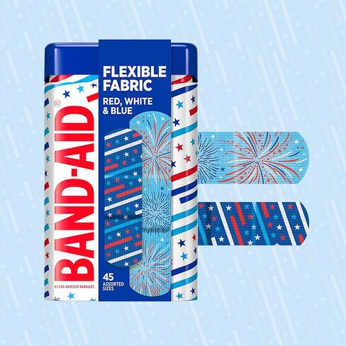 BAND-AID Brand Flexible Fabric Adhesive Bandages, First Aid Comfortable Protection & Wound Care for Minor Cuts & Scrapes, American Stars & Stripes Designs in Red, White & Blue, Assorted Sizes, 45 ct in Saudi Arabia