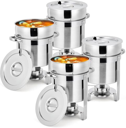 Commercial Soup Chafer 11QT Large Capacity Soup Chafer Sets of 4, Stainless Steel Round Soup Warmer w/Pot, Notched Lid & Fuel Holder, Catering Marmite for Party, Buffet, Food Service in Saudi Arabia