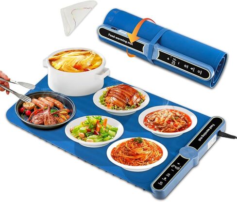 حصيرة تدفئة للطعام، صينية تسخين الطعام الكهربائية من السيليكون مقاس 23 بوصة × 14 بوصة مع درجة حرارة ومؤقت قابلين للتعديل، وسادة تسخين سريعة قابلة للطي للمنزل والمطبخ وحفلات البوفيه، باللون الأزرق، هدايا مثالية لتدفئة المنزل in Kuwait