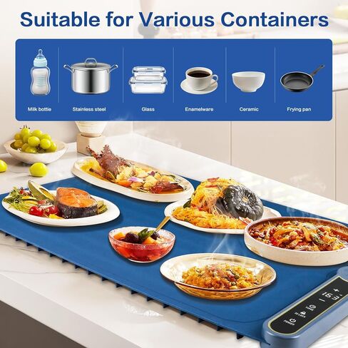 حصيرة تدفئة للطعام، صينية تسخين الطعام الكهربائية من السيليكون مقاس 23 بوصة × 14 بوصة مع درجة حرارة ومؤقت قابلين للتعديل، وسادة تسخين سريعة قابلة للطي للمنزل والمطبخ وحفلات البوفيه، باللون الأزرق، هدايا مثالية لتدفئة المنزل in Kuwait