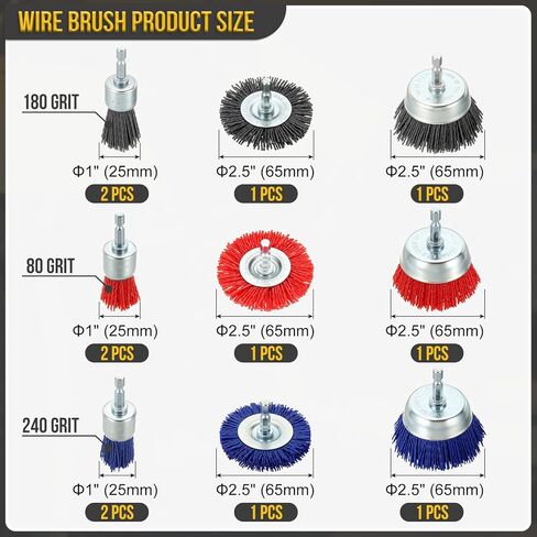 DTGN Wire Pen Cup Brush Set for Drill - 12 Pcs - Coarse Nylon Crimping Drill Wire Brush(0.05" Wires Size) - 1/4 Inch Hex Shank - Good for Cleaning Rust Paint Abrasive(1-2.5" Dia.) in Saudi Arabia