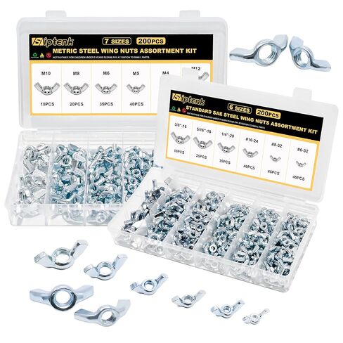 Siptenk Wing Nuts 400PCS, Metric & SAE Wingnuts 13 Assorted Sizes Carbon Steel Zinc Plated Butterfly Wing Nut M3-M12 6-32 to 3/8"-16 Fasteners Hardware Assortment Kit in Kuwait