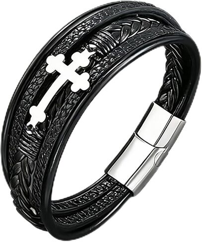 Mens Leather Cross Bracelet Multi-Layer Braided Faith Bracelet Religious Wristband Father's Day Birthday Jewelry Gifts for Men 8.5" Stainless Steel Buckle Bangle in Kuwait