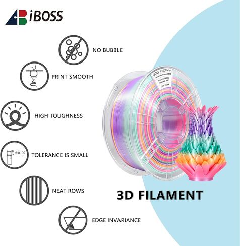 iBOSS Silk Candy Rainbow PLA+ Filament، 1 كجم طابعة ثلاثية الأبعاد PLA Plus Filament 1.75 مم+/ -0.02 مم، تغيير سريع للألوان كل 8 أمتار، مناسب لمعظم طابعات FDM (Silk Candy Rainbow) in Kuwait
