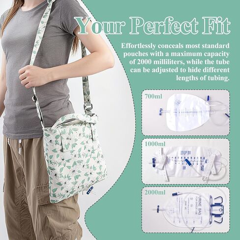 حامل حقيبة تصريف البول، حامل حقيبة القسطرة مع حزام كتف وقاعدة بسحاب، غطاء حقيبة القسطرة وحزام قابل للتعديل، مطبوعات الياسمين، يخفي أكياس تصريف البول حتى 2000 مل in Kuwait