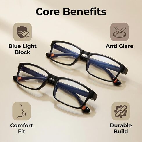 قطعتان من نظارات Blue Ease Optics، نظارات حجب الضوء الأزرق، نظارات قابلة للتعديل مضادة للوهج للأشعة فوق البنفسجية، نظارات تعمل على تخفيف إجهاد العين من قارئات ألعاب شاشة الكمبيوتر للنساء والرجال مع قطعة قماش وحقيبة (أسود) in Kuwait