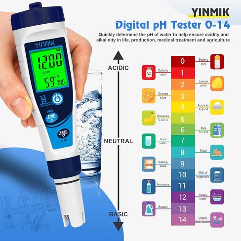 جهاز اختبار ملح حمام السباحة الرقمي ومقياس درجة الحموضة من YINMIK، مقياس ملوحة 5 في 1 لحمام السباحة بالمياه المالحة، حوض الاستحمام الساخن وحوض السمك، جهاز اختبار درجة الحرارة EC TDS، دقة احترافية عالية in Saudi Arabia