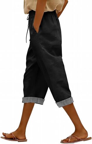 SHAOBGE Capri Pants for Women - Cotton Linen Casual Summer 2026 Elastic High Waist Wide Leg Loose Drawstring Cropped Trousers in Saudi Arabia