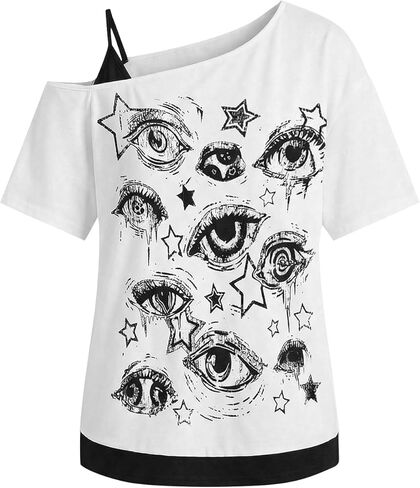 SOLY HUX Women's Gothic Grunge Cold Shoulder Short Sleeve T Shirts 2 in 1 Asymmetrical Tee Tops in Saudi Arabia