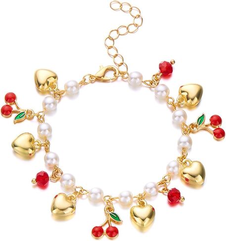 Cute Fruit Heart Charm Bracelets for Women Cherry Strawberry Heart Shaped Pearl Chain Bracelet Dainty Gold Plated Jewelry Gift in Saudi Arabia