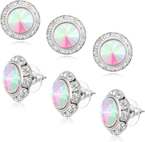 Rhinestone Earrings 3 Pairs Round Shaped Acrylic Stone Inside Crystal Halo Stud Earrings for Dance Competitions Stage Opera Performance Wedding Earring Jewelry (Silver) in Saudi Arabia