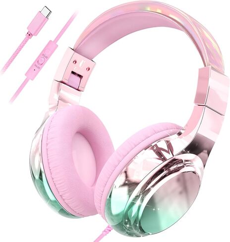 سماعات رأس QearFun USB C للأطفال سلكية مع ميكروفون، حد صوت آمن 85/94 ديسيبل، قابلة للطي فوق الأذن، سلك غير متشابك ومنفذ مشاركة، سماعة رأس سلكية على الأذن للمدرسة، Chromebook، الكمبيوتر اللوحي، السفر للأولاد والبنات in Kuwait