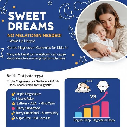 Kids Sleep Gummies NO Melatonin - Triple Magnesium Glycinate + Saffron, GABA, Berry & Nut Superfood Gummies, Sugar Free Nighttime Sleep Aid & Calm for Kids 4+ Teens, Relaxation, Brain & Muscle, 2Pack in Saudi Arabia