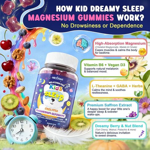 Kids Sleep Gummies NO Melatonin - Triple Magnesium Glycinate + Saffron, GABA, Berry & Nut Superfood Gummies, Sugar Free Nighttime Sleep Aid & Calm for Kids 4+ Teens, Relaxation, Brain & Muscle, 2Pack in Saudi Arabia
