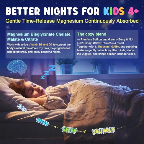 Kids Sleep Gummies NO Melatonin - Triple Magnesium Glycinate + Saffron, GABA, Berry & Nut Superfood Gummies, Sugar Free Nighttime Sleep Aid & Calm for Kids 4+ Teens, Relaxation, Brain & Muscle, 2Pack in Saudi Arabia