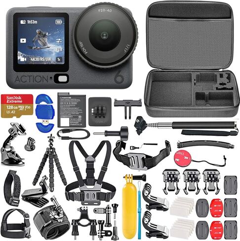 كاميرا الحركة DJI Osmo Action 6 Standard Combo 8K مع مستشعر مربع 1/1.1 بوصة، وحزمة بطارية لمدة 4 ساعات مع بطاقة ذاكرة سعة 128 جيجابايت، وقارئ بطاقات عالي السرعة + مجموعة ملحقات مكونة من 50 قطعة in Kuwait