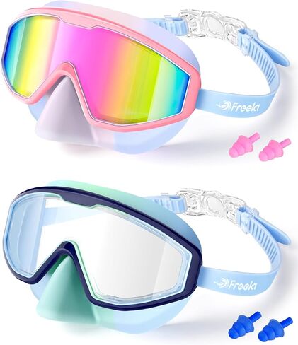 Freela 2 Pack Kids Swim Goggles with Nose Cover, 180° Wide View Anti-Fog UV Protection Leak-Proof Swimming Goggles for Boys Girls Youth Ages 3-6 4-7 6-14 8-12, Children Pool Water Goggles in Kuwait