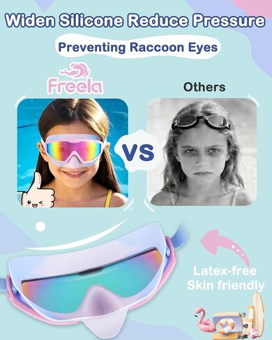 Freela 2 Pack Kids Swim Goggles with Nose Cover, 180° Wide View Anti-Fog UV Protection Leak-Proof Swimming Goggles for Boys Girls Youth Ages 3-6 4-7 6-14 8-12, Children Pool Water Goggles in Kuwait