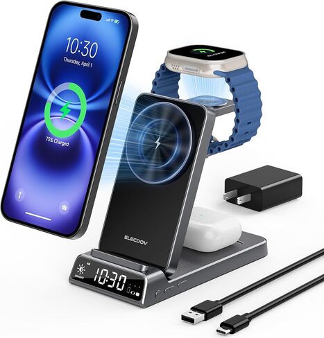 شاحن لاسلكي لأجهزة Apple، قاعدة شحن مغناطيسية 3 في 1 مع ساعة، حامل شحن لاسلكي قابل للطي للسفر لهاتف iPhone 17/17 Pro/17 Pro Max/16/15، شاحن ساعة لـ iWatch 10/Ultra/9، AirPods 4/3 in Kuwait