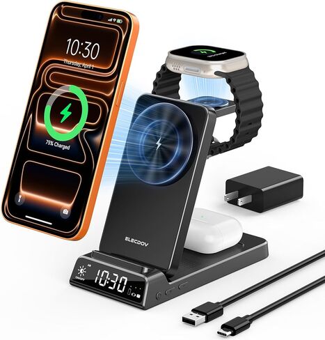 شاحن لاسلكي لأجهزة Apple، قاعدة شحن مغناطيسية 3 في 1 مع ساعة، حامل شحن لاسلكي قابل للطي للسفر لهاتف iPhone 17/17 Pro/17 Pro Max/16/15، شاحن ساعة لـ iWatch 10/Ultra/9، AirPods 4/3 in Kuwait